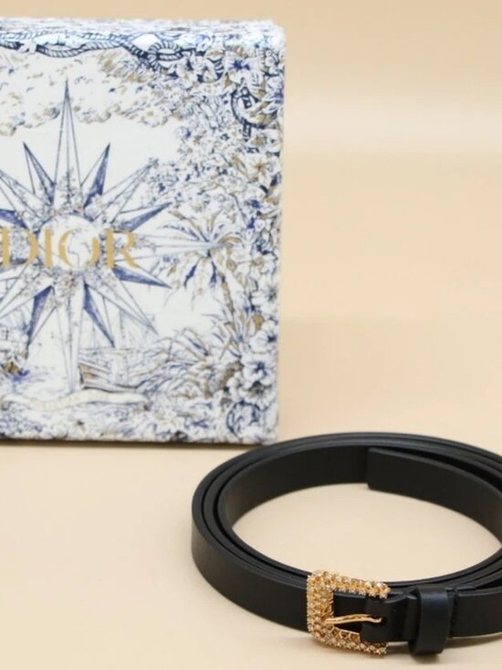 Christian Dior Black Leather Skinny Belt rhinestone-embellished Buckle Size 75cm